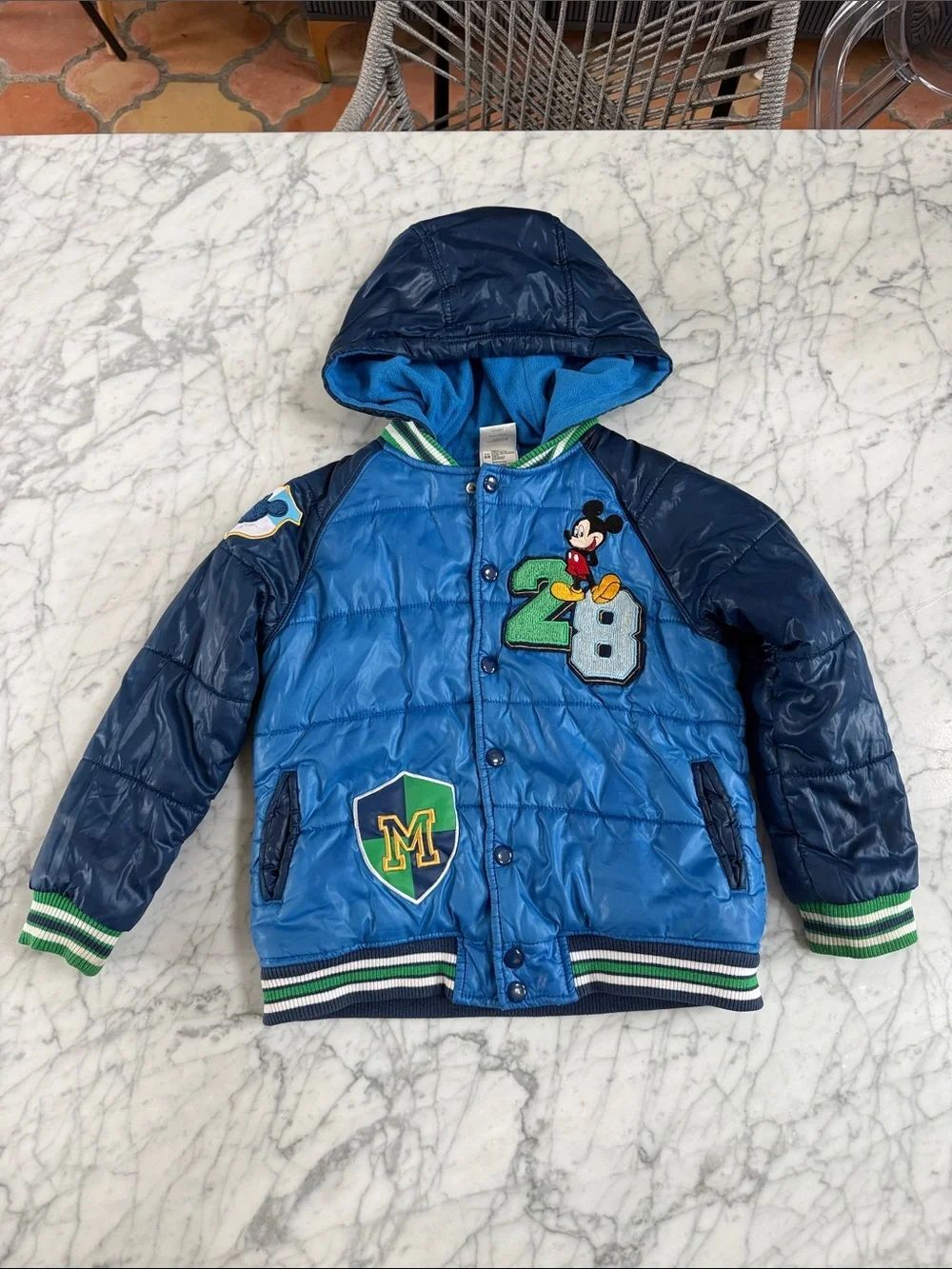 Disney Store Mickey Mouse Varsity Blue Hooded Puffer Jacket Sz 5/6
